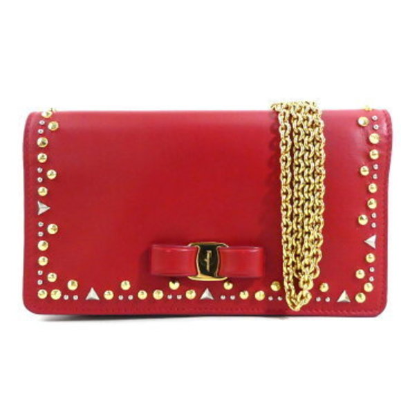 Salvatore Ferragamo Vara Ribbon Leather Chain Wallet Red - Picture 1 of 5